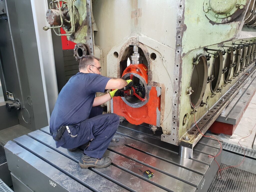 Line boring inspection of engine block on our CNC boring and milling machine